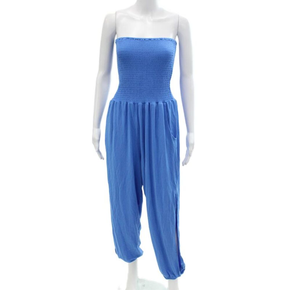 Bobi Los Angeles Womens Smocked Strapless High Rise Jumpsuit Blue Size Small